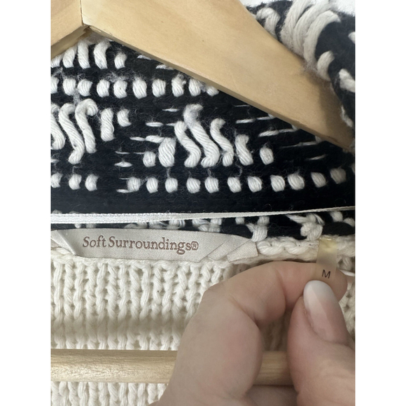 Soft Surroundings Open Aztec Fringed Cardigan Sweater Medium Cream Black Boho - Picture 6 of 11